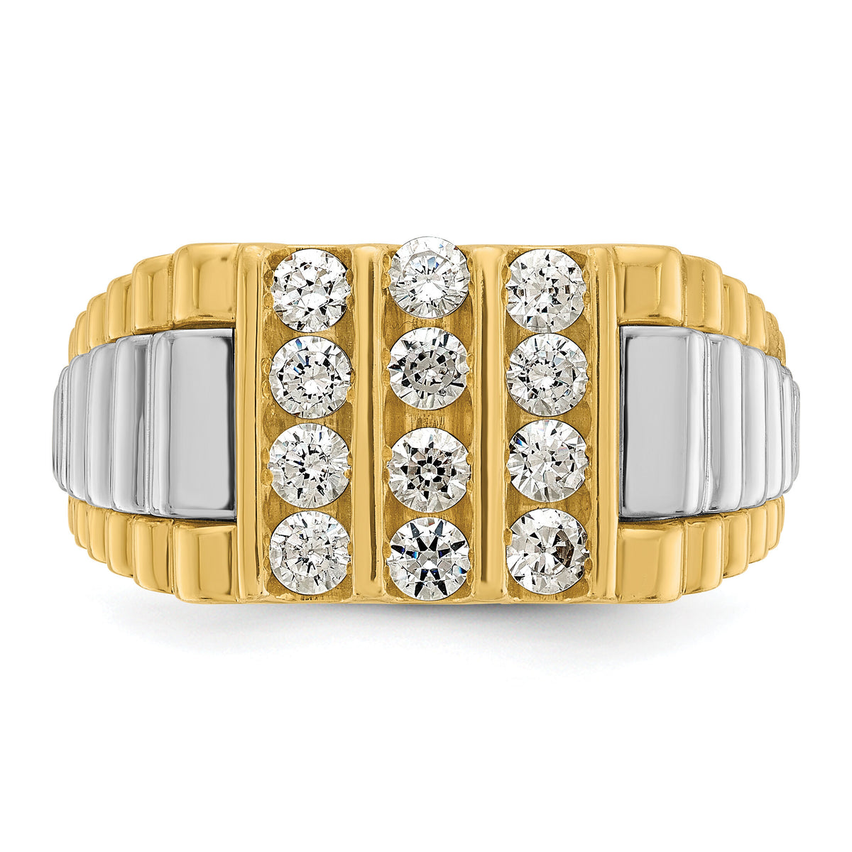 14k Two Tone 1 ct Lab Grown Diamond VS/SI+ G+ Grooved 4 Row Men's Ring-B59004