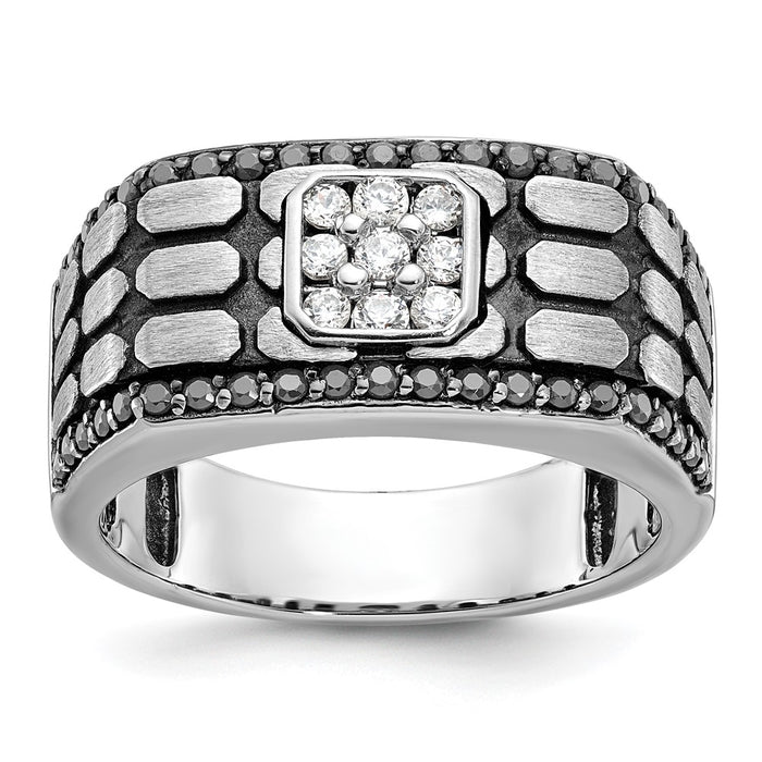 IBGoodman 14k White Gold with Black Rhodium Men's Polished Satin and Cobblestone Textured Black and White 5/8 Carat AA Quality Diamond Ring-B59092-4WAA