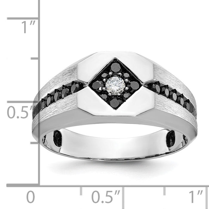 IBGoodman 14k White Gold with Black Rhodium Men's Polished Satin and Grooved 1/2 Carat AA Quality Black and White Diamond Ring-B59112-4WAA