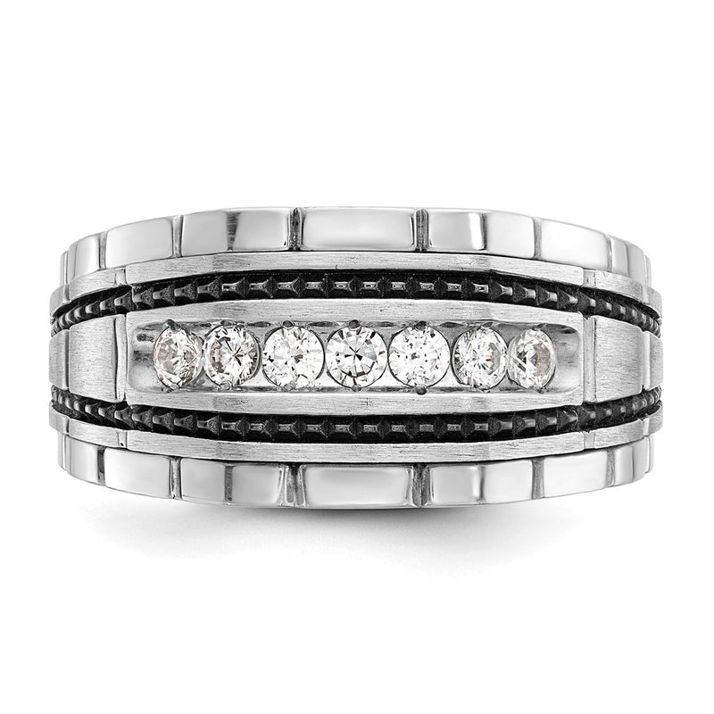 IBGoodman 14k White Gold with Black Rhodium Men's Polished Satin and Textured 7-Stone 1/2 Carat AA Quality Diamond Ring-B59177-4WAA