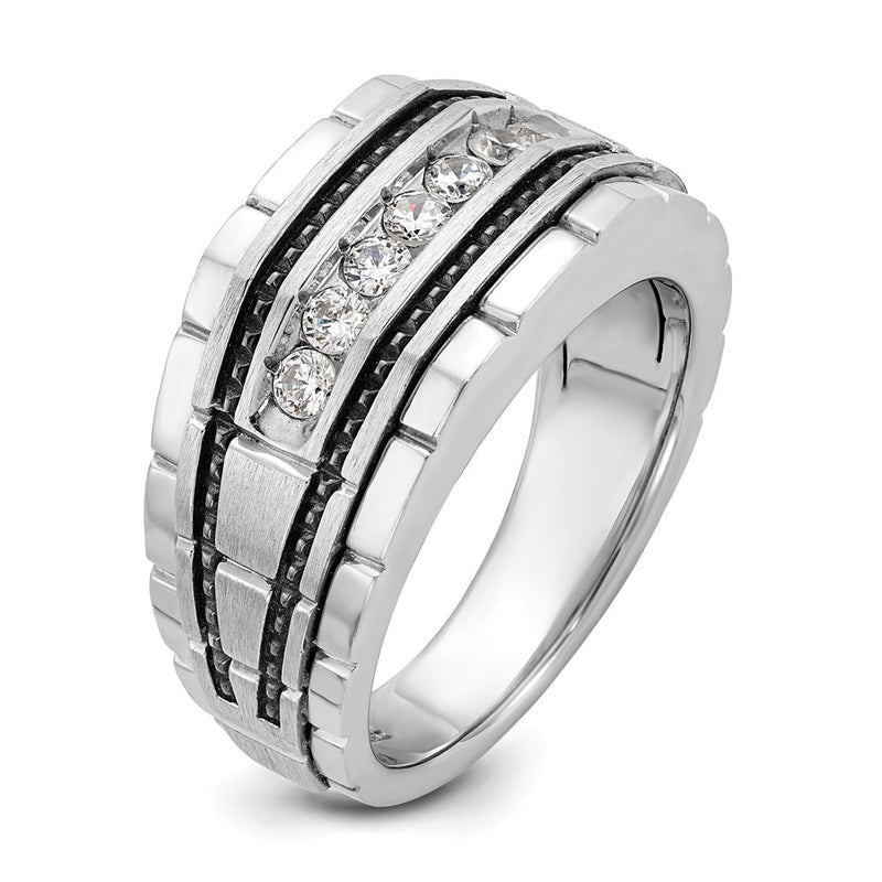 IBGoodman 14k White Gold with Black Rhodium Men's Polished Satin and Textured 7-Stone 1/2 Carat AA Quality Diamond Ring-B59177-4WAA