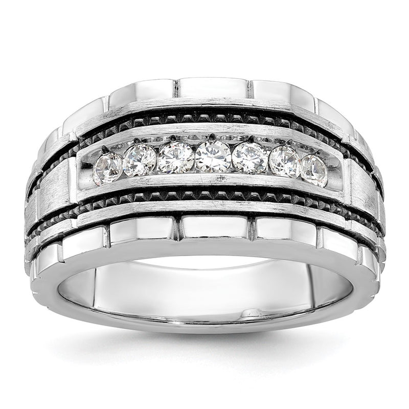 IBGoodman 14k White Gold with Black Rhodium Men's Polished Satin and Textured 7-Stone 1/2 Carat AA Quality Diamond Ring-B59177-4WAA