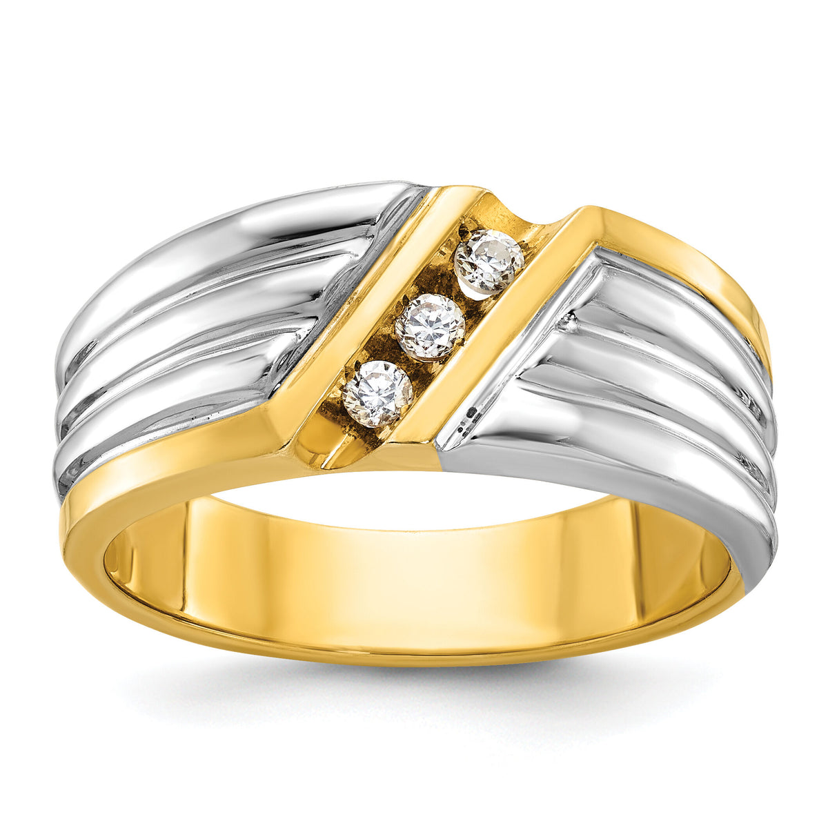 14ktt IBGoodman Men's Polished and Grooved 3-Stone Diamond Ring-B62288