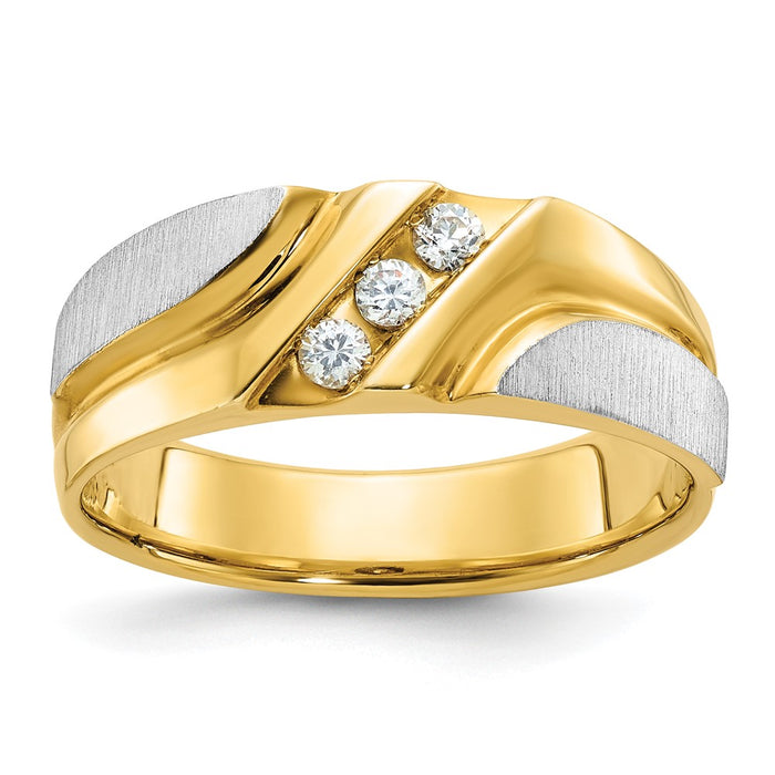 IBGoodman 14k Two-tone Men's Polished Satin and Grooved 3-Stone 1/6 Carat AA Quality Diamond Ring-B63237-4YWAA