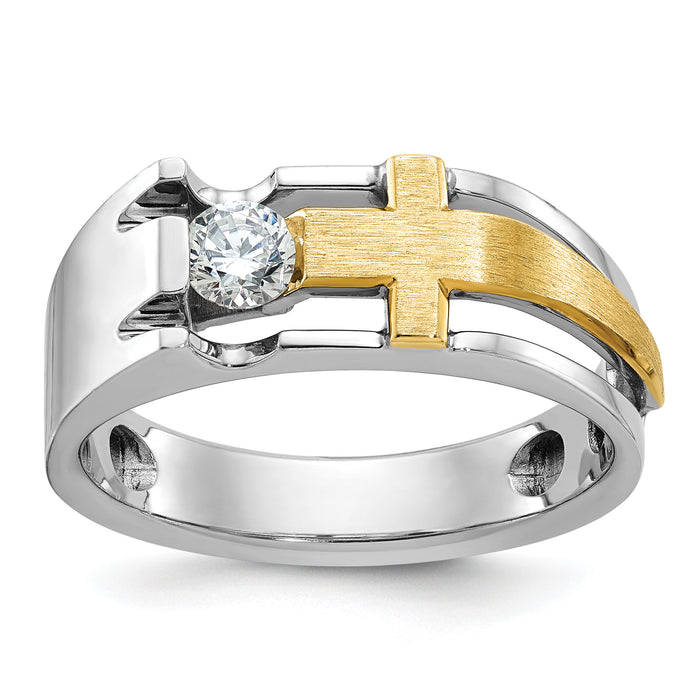 10k Two-tone IBGoodman Men's Polished Satin & Cut-Out Dia Cross Ring-B63589