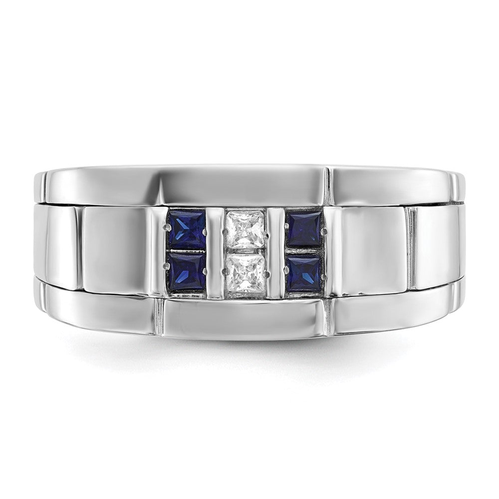 IBGoodman 14k White Gold Men's Polished and Grooved Lab Created Sapphire and 1/10 Carat AA Quality Diamond Ring-B63934-4WCS/AA