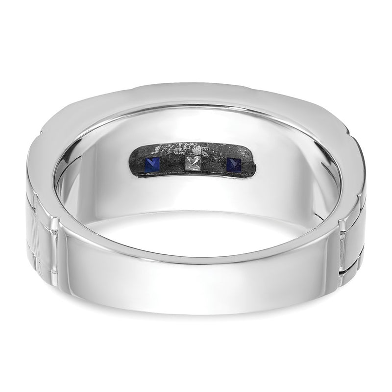 IBGoodman 14k White Gold Men's Polished and Grooved Lab Created Sapphire and 1/10 Carat AA Quality Diamond Ring-B63934-4WCS/AA