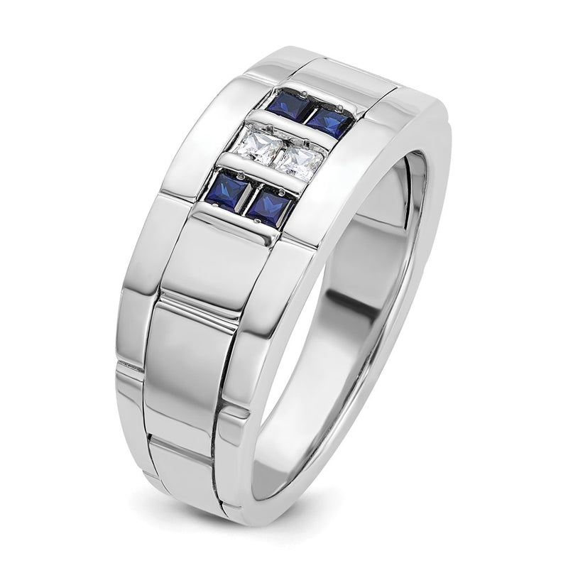 IBGoodman 14k White Gold Men's Polished and Grooved Lab Created Sapphire and 1/10 Carat AA Quality Diamond Ring-B63934-4WCS/AA