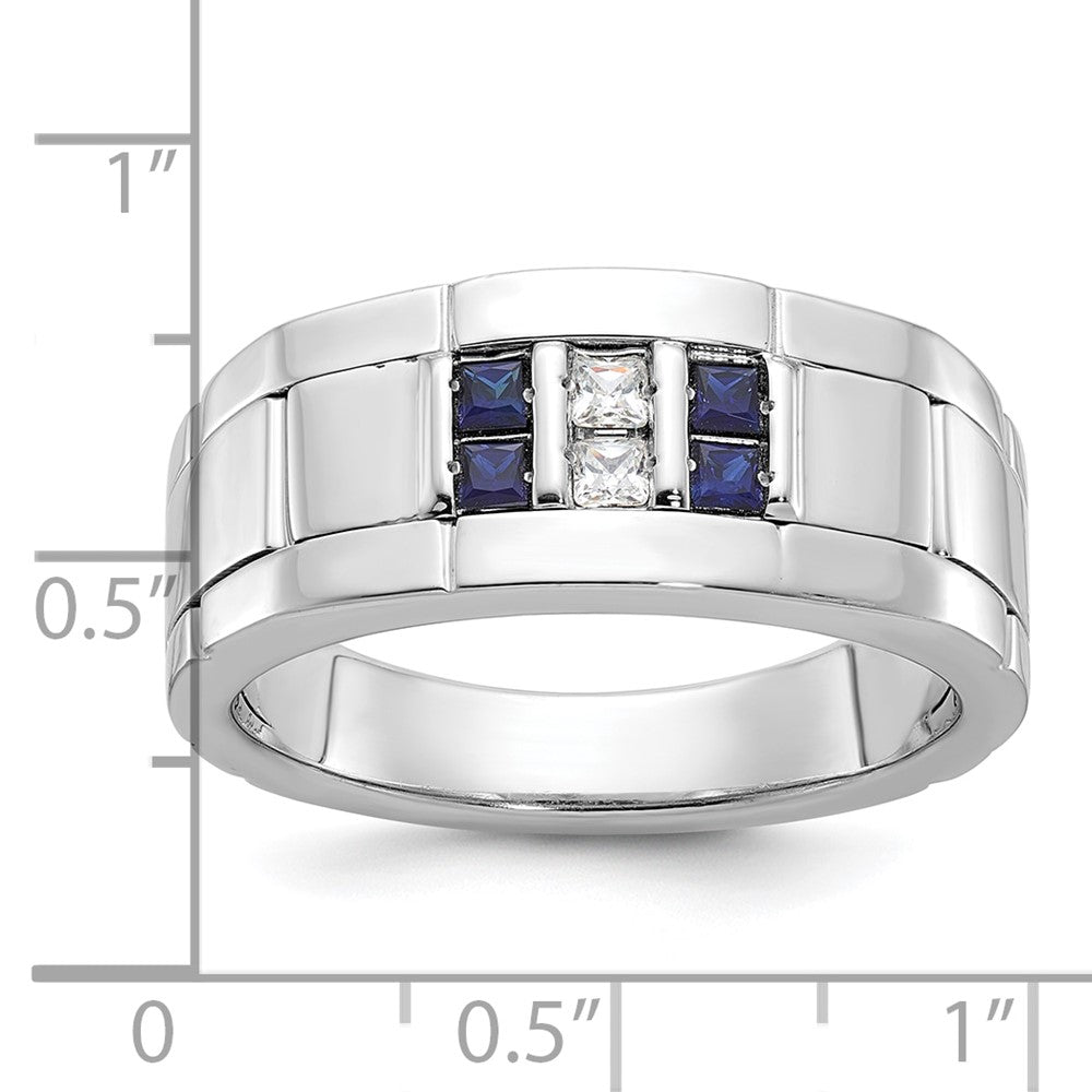 IBGoodman 14k White Gold Men's Polished and Grooved Lab Created Sapphire and 1/10 Carat AA Quality Diamond Ring-B63934-4WCS/AA