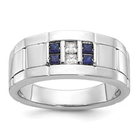 IBGoodman 14k White Gold Men's Polished and Grooved Lab Created Sapphire and 1/10 Carat AA Quality Diamond Ring-B63934-4WCS/AA