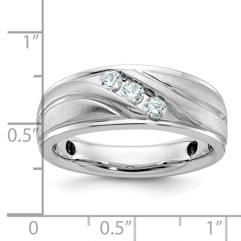 IBGoodman 14k White Gold Men's Polished Satin and Grooved 3-Stone 1/3 Carat AA Quality Diamond Ring-B64056-4WAA