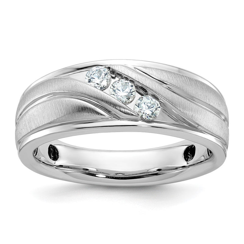 IBGoodman 14k White Gold Men's Polished Satin and Grooved 3-Stone 1/3 Carat AA Quality Diamond Ring-B64056-4WAA