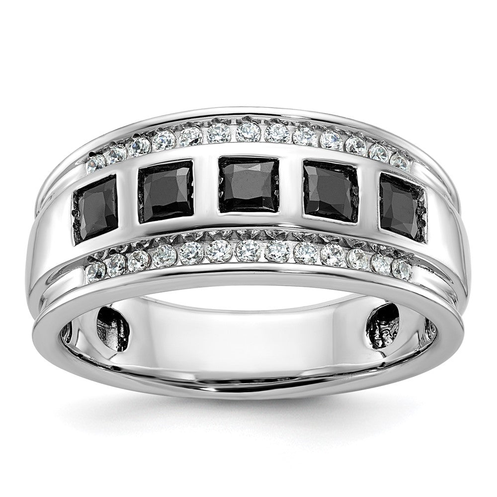 IBGoodman 14k White Gold Men's Polished and Grooved Square Black and White 1 1/5 Carat AA Quality Diamond 5-Stone Ring-B64084A-4WAA