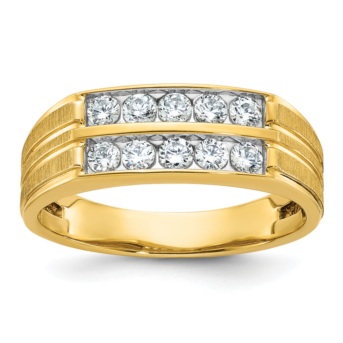14k IBGoodman Men's Polished Satin & Grooved 2-Row Diamond Ring-B64207