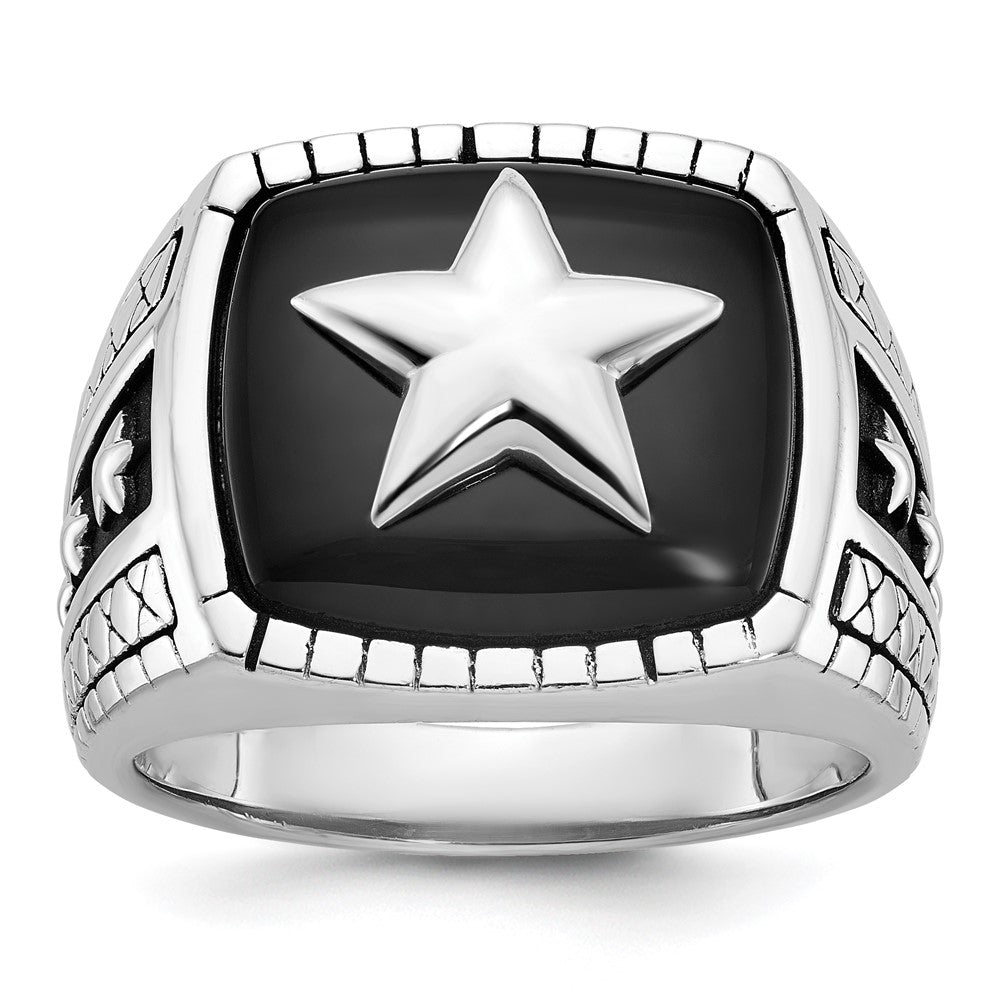 14k White Gold IBGoodman Men's Antiqued Onyx Complete Star Ring-B84386-4WOX