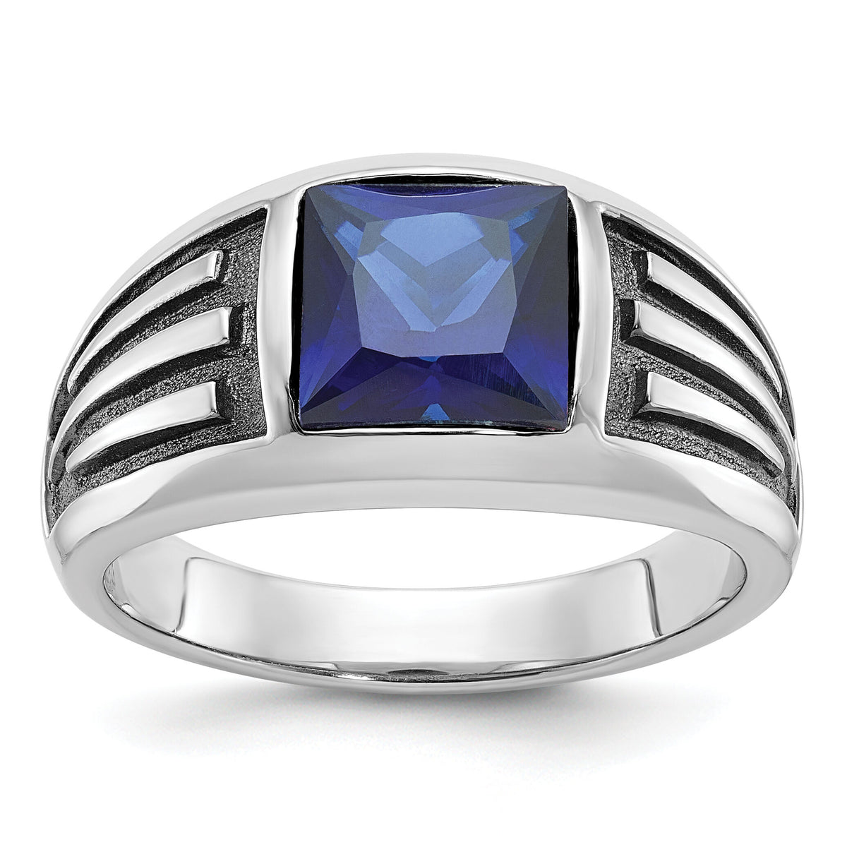 14k White Gold IBGoodman Men's Black Rhodium Created Sapphire Complete Ring-B84488