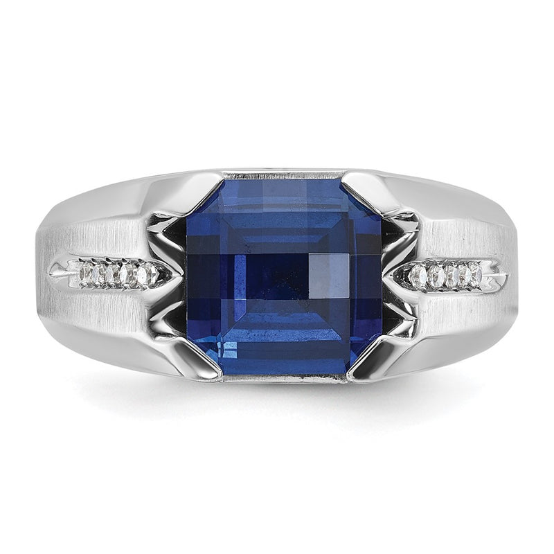 14k White Gold IBGoodman Men's Created Sapphire and 1/20 carat Diamond Complete Ring-B84754-4WCS/AA