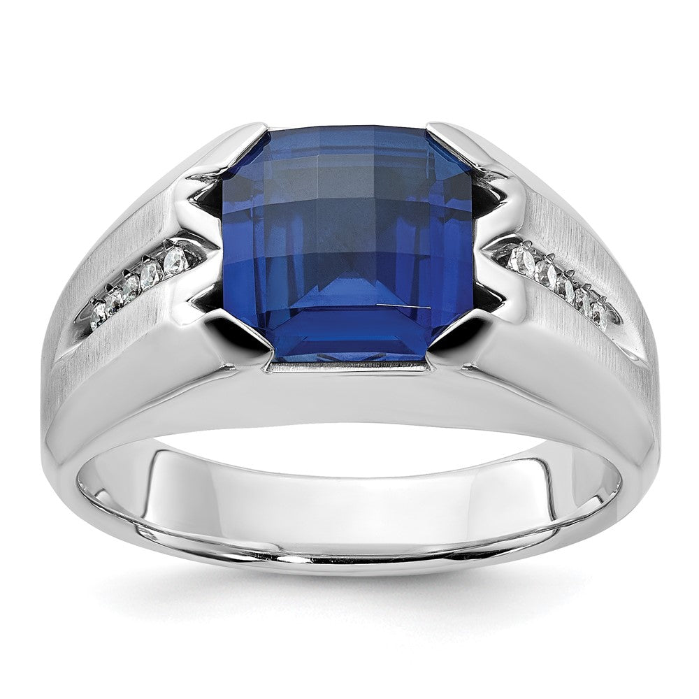 14k White Gold IBGoodman Men's Created Sapphire and 1/20 carat Diamond Complete Ring-B84754-4WCS/AA