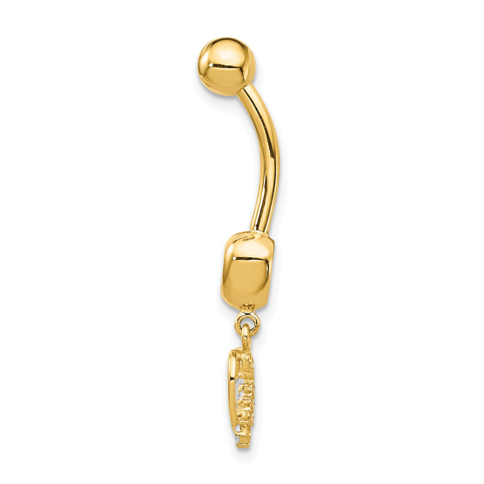 14k 14 Gauge CZ 2-Hearts Dangle Belly Ring-BD134