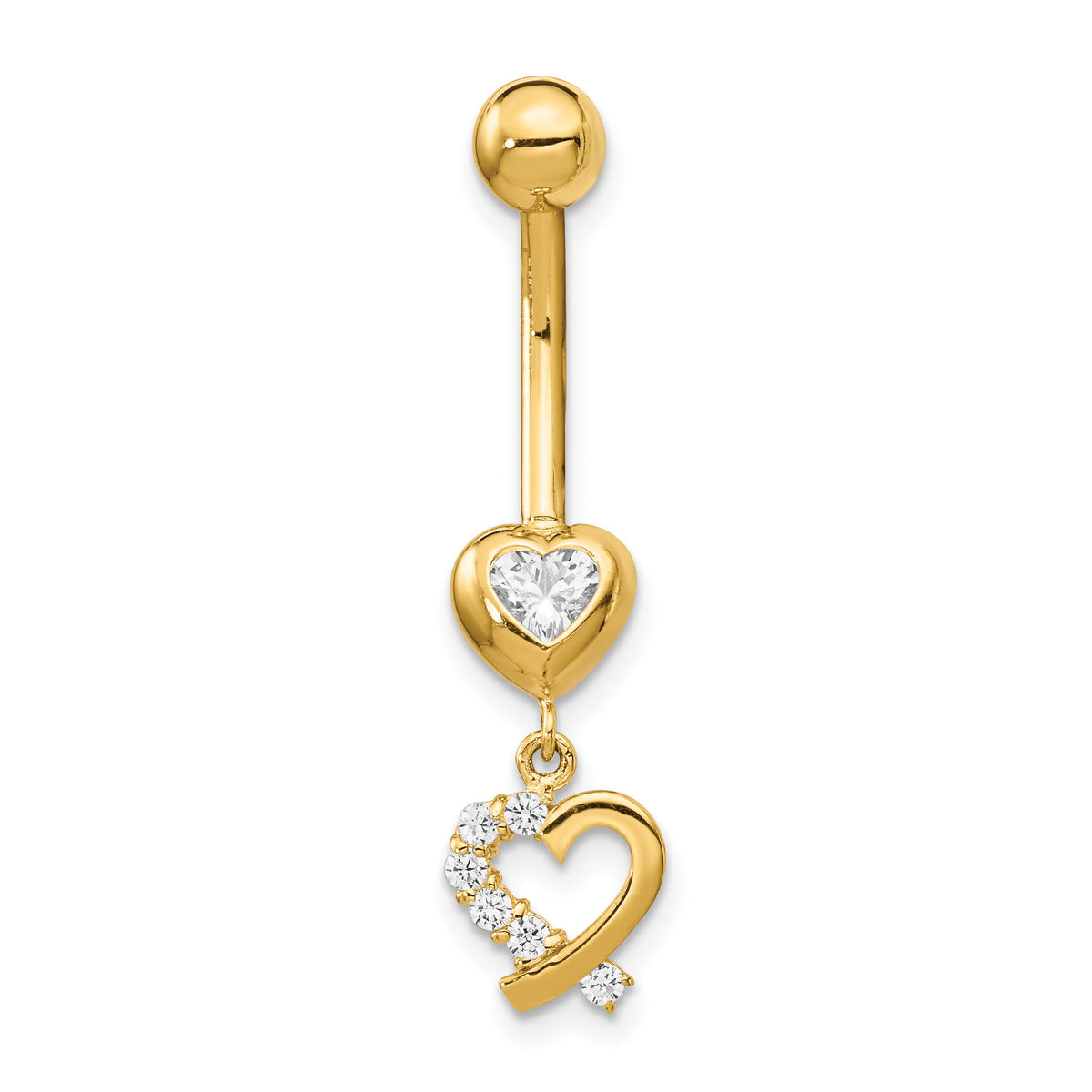 14k 14 Gauge CZ 2-Hearts Dangle Belly Ring-BD134