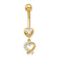 14k 14 Gauge CZ 2-Hearts Dangle Belly Ring-BD134