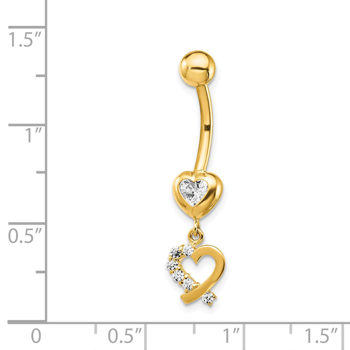 14k 14 Gauge CZ 2-Hearts Dangle Belly Ring-BD134