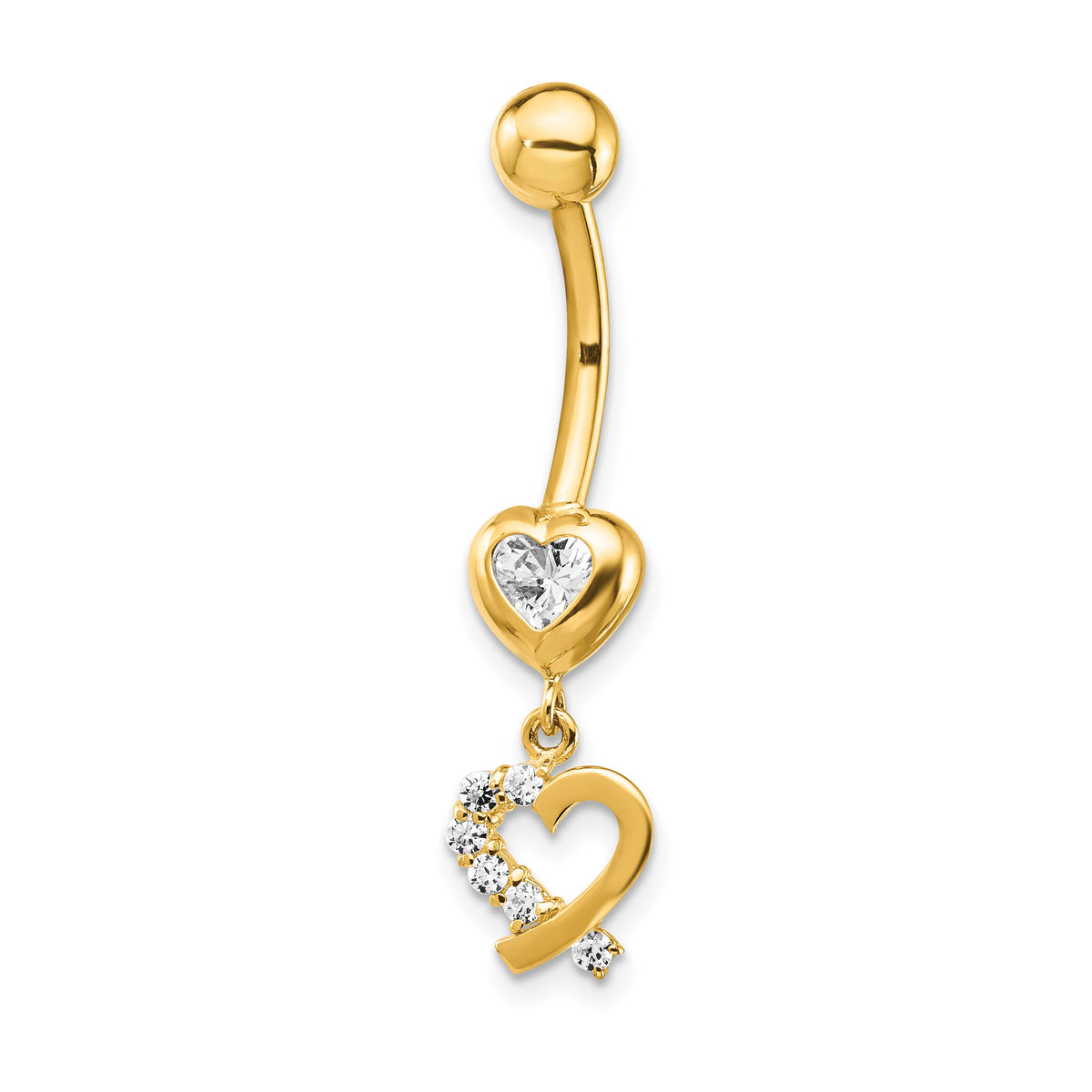 14k 14 Gauge CZ 2-Hearts Dangle Belly Ring-BD134