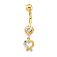 14k 14 Gauge CZ 2-Hearts Dangle Belly Ring-BD134