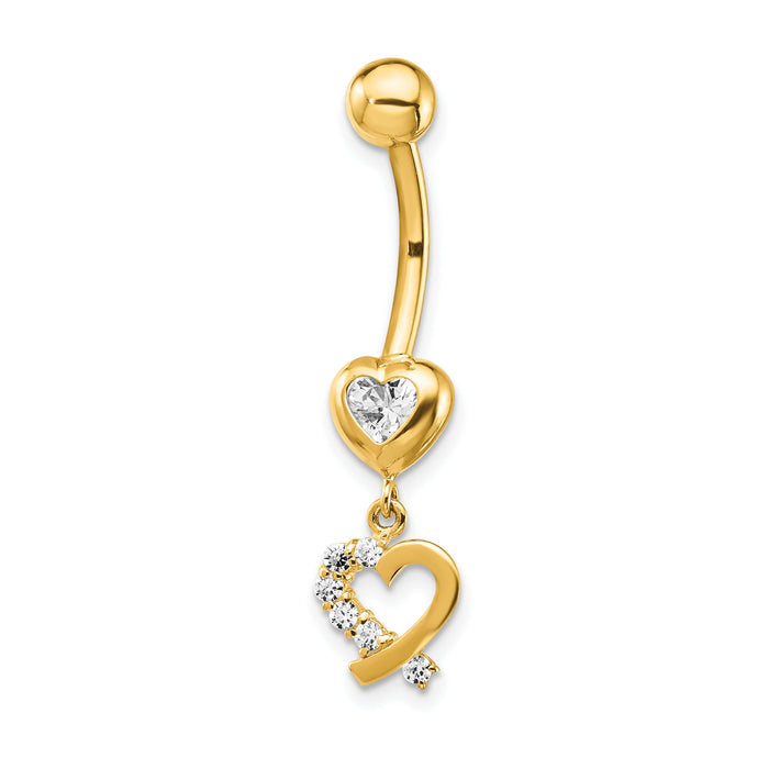 14k 14 Gauge CZ 2-Hearts Dangle Belly Ring-BD134