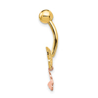14k Two-tone 14 Gauge Double CZ Butterfly Dangle Belly Ring-BD139