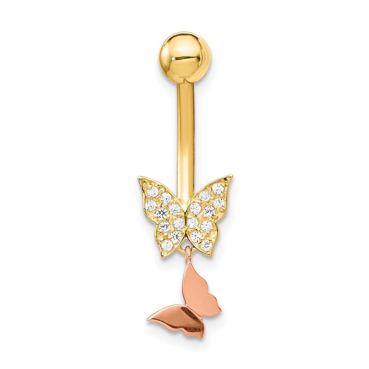 14k Two-tone 14 Gauge Double CZ Butterfly Dangle Belly Ring-BD139