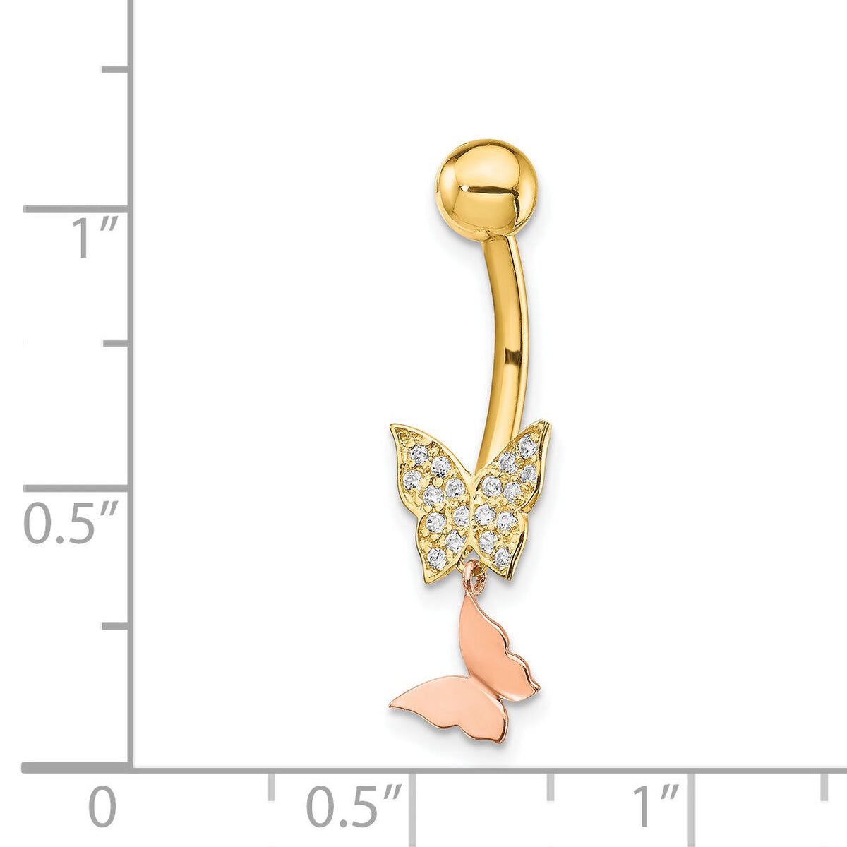 14k Two-tone 14 Gauge Double CZ Butterfly Dangle Belly Ring-BD139