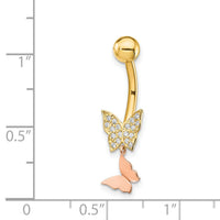 14k Two-tone 14 Gauge Double CZ Butterfly Dangle Belly Ring-BD139
