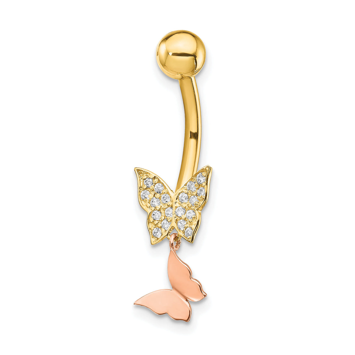 14k Two-tone 14 Gauge Double CZ Butterfly Dangle Belly Ring-BD139