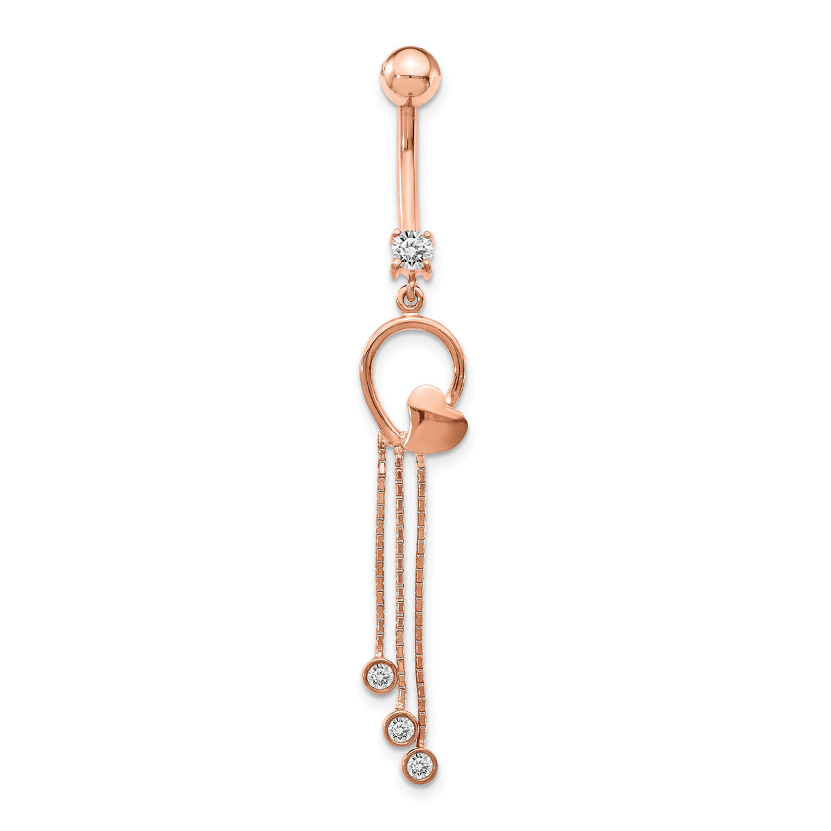14k Rose Gold 14 Gauge CZ Heart 3-Chain Dangle Belly Ring-BD145