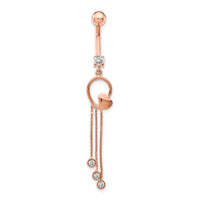 14k Rose Gold 14 Gauge CZ Heart 3-Chain Dangle Belly Ring-BD145