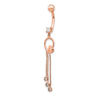 14k Rose Gold 14 Gauge CZ Heart 3-Chain Dangle Belly Ring-BD145