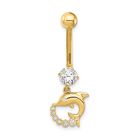 14K 14 Gauge Dolphin CZ Dangle Belly Ring-BD154