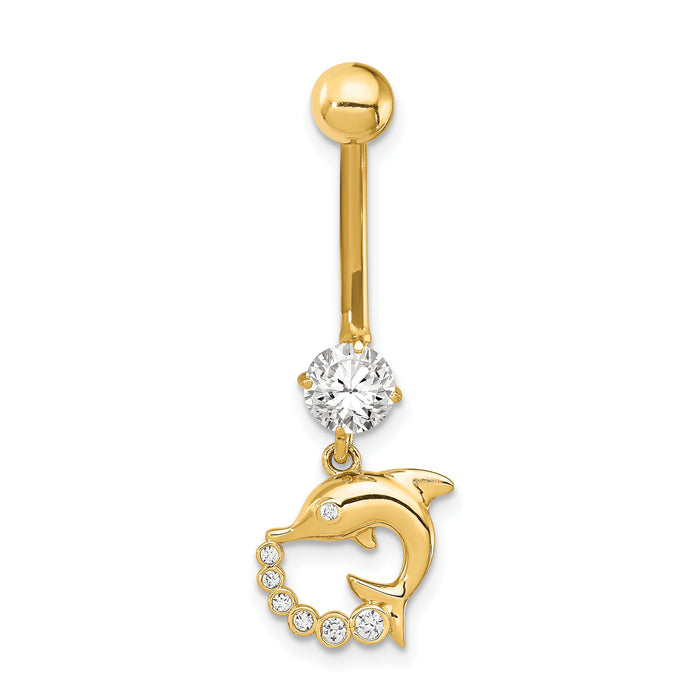 14K 14 Gauge Dolphin CZ Dangle Belly Ring-BD154