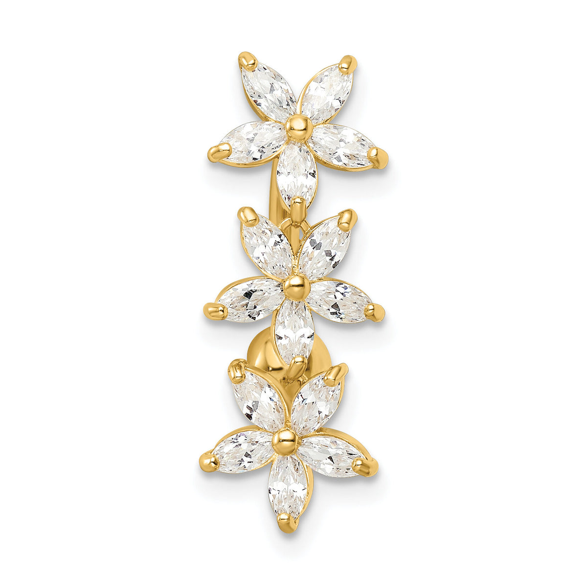 14k 14 Gauge CZ 3 Flowers Dangle Belly Ring-BD217