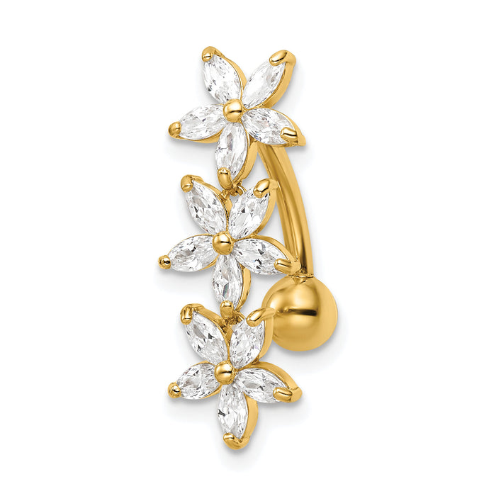 14k 14 Gauge CZ 3 Flowers Dangle Belly Ring-BD217