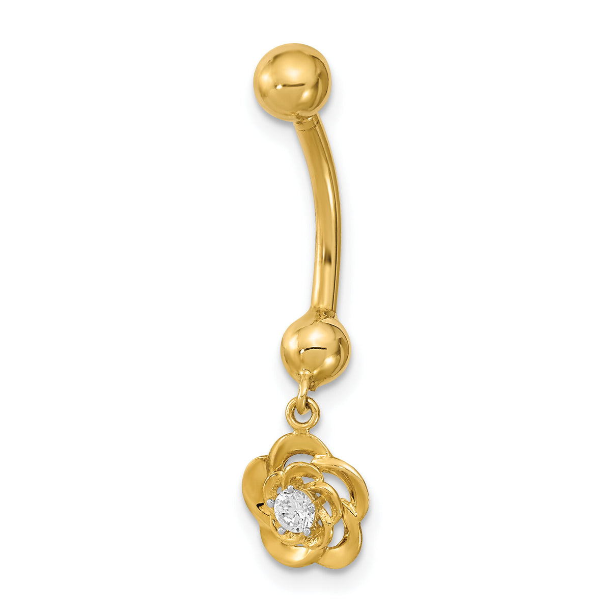 14K 14 Gauge Dangle Flower CZ Belly/Navel Ring Body Jewelry-BD218