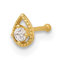 14K 20 Gauge Polished CZ Teardrop Nose Stud-BD225