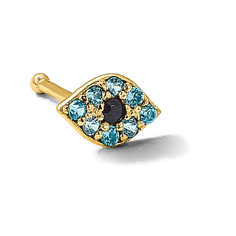 14K 20 Gauge Polished Blue CZ Evil Eye Nose Stud-BD236