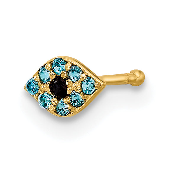 14K 20 Gauge Polished Blue CZ Evil Eye Nose Stud-BD236