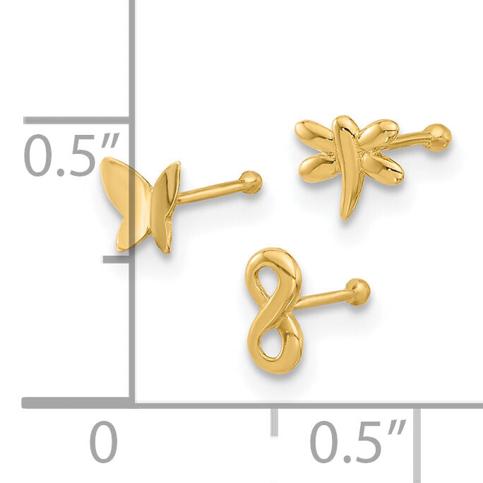 14K 22 Gauge Polished Infinity Symbol, Dragonfly and Butterfly Nose Stud-BD237