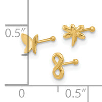 14K 22 Gauge Polished Infinity Symbol, Dragonfly and Butterfly Nose Stud-BD237