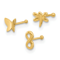 14K 22 Gauge Polished Infinity Symbol, Dragonfly and Butterfly Nose Stud-BD237
