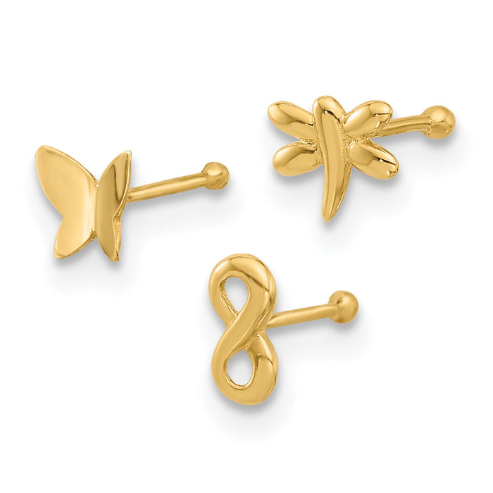 14K 22 Gauge Polished Infinity Symbol, Dragonfly and Butterfly Nose Stud-BD237