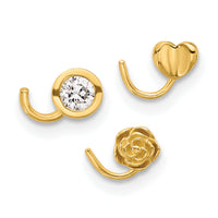 14K 22 Gauge Polished CZ, Flower and Heart Nose Ring Set-BD238